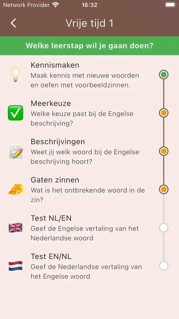 Screenshot van leerstappen keuze pagina